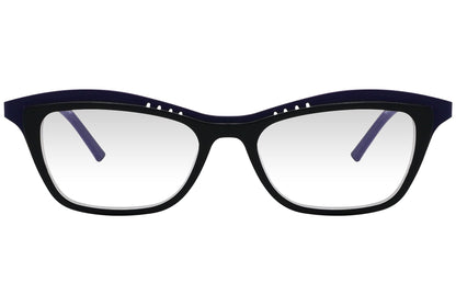 look browline purple eyeglasses frame viewed from front angle.