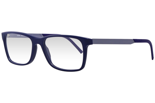 look rectangle blue eyeglasses frame viewed from a 45-degree angle.