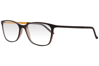 look rectangle brown eyeglasses frame viewed from a 45-degree angle.