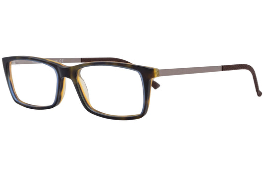 look rectangle yellow tortoise and brown eyeglasses frame viewed from a 45-degree angle.