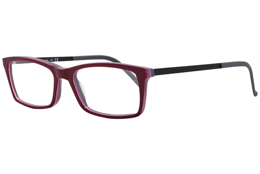 look rectangle red with gray eyeglasses frame viewed from a 45-degree angle.