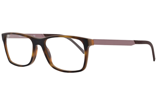 look rectangle brown eyeglasses frame viewed from a 45-degree angle.