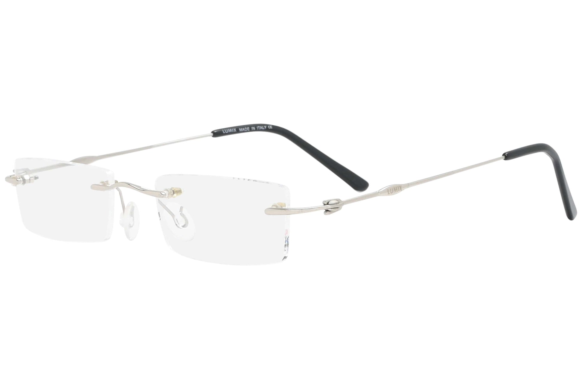 lumix rimless black eyeglasses frame viewed from a 45-degree angle.