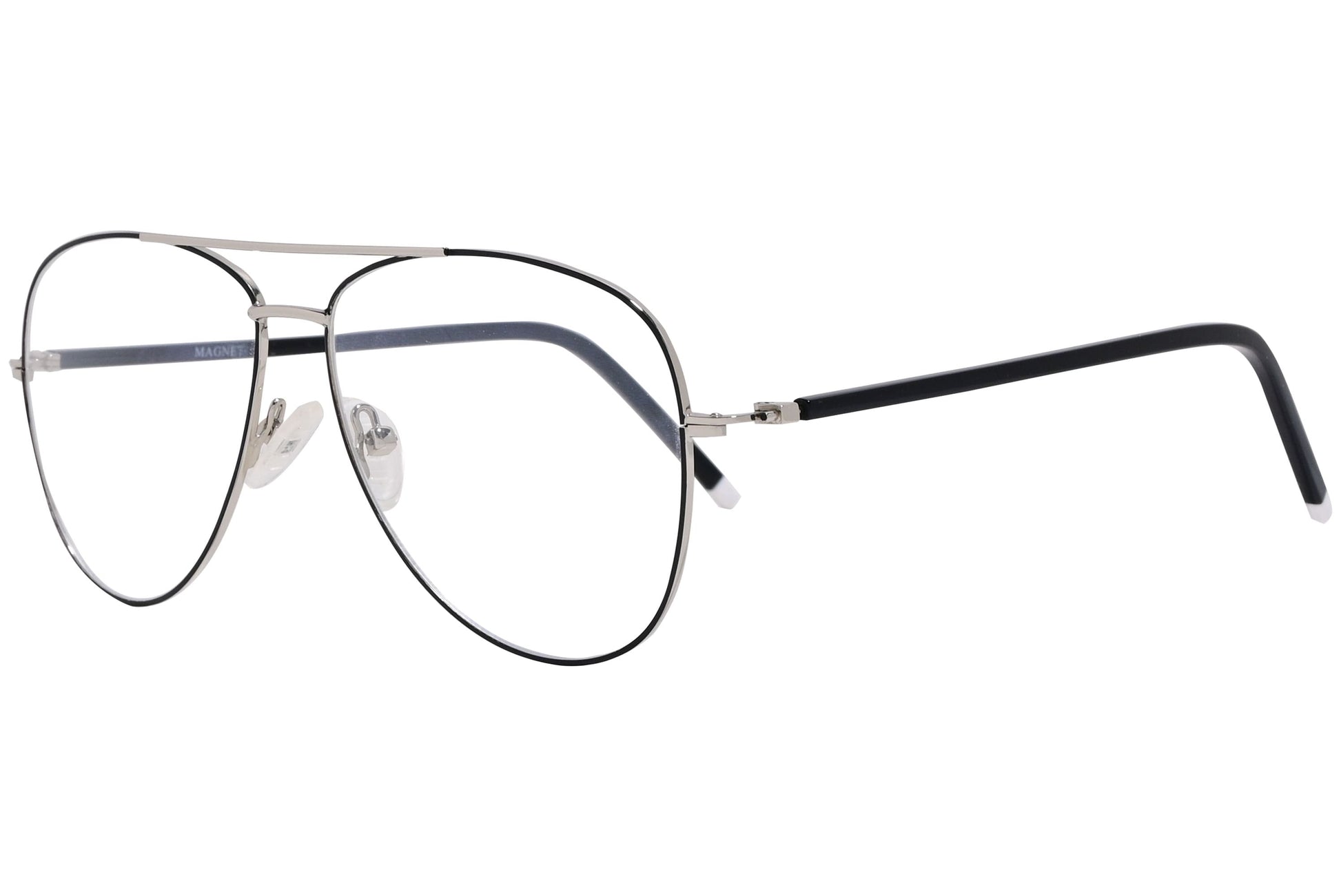 magneto aviator silver eyeglasses frame viewed from a 45-degree angle.