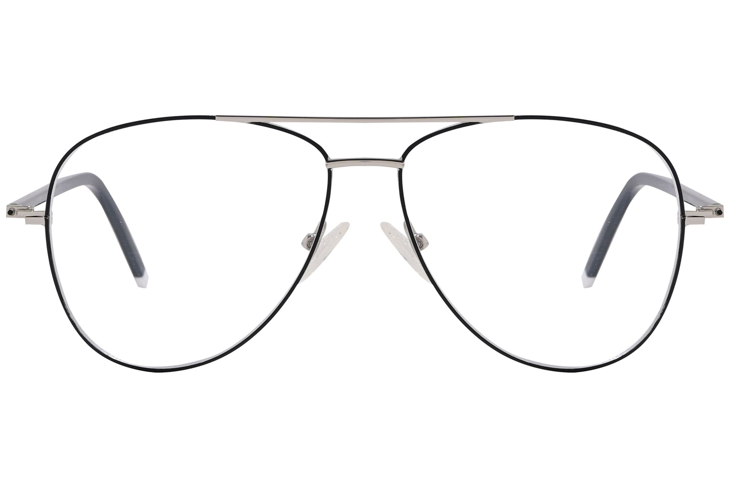 magneto aviator silver eyeglasses frame viewed from front angle.