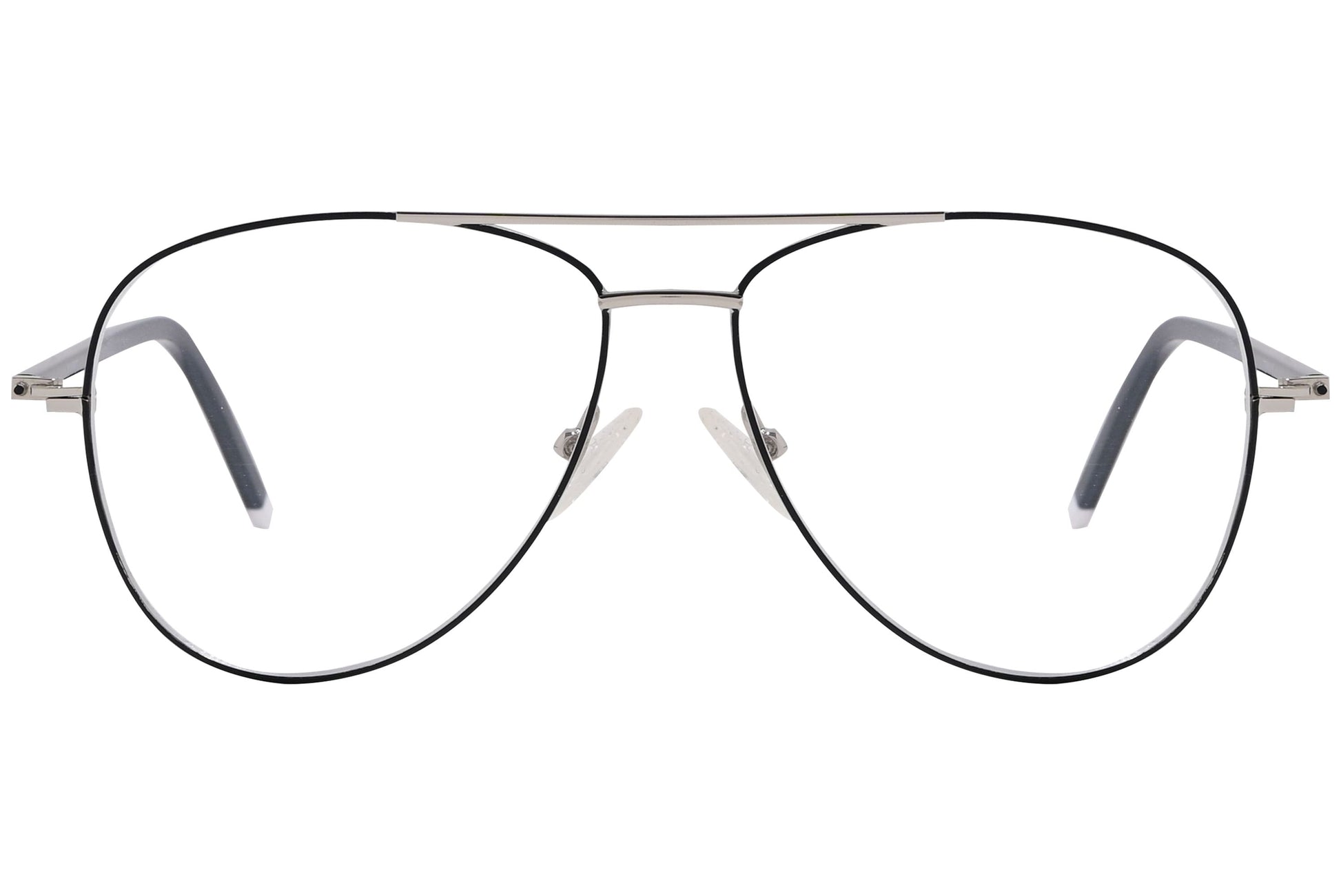 magneto aviator silver eyeglasses frame viewed from front angle.