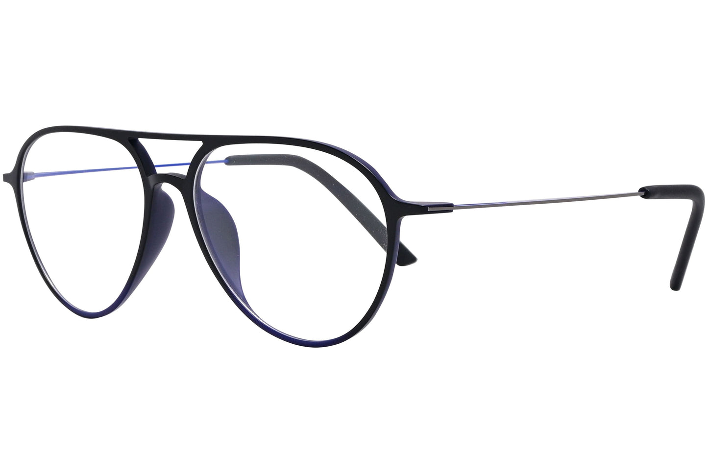 magneto aviator blue eyeglasses frame viewed from a 45-degree angle.