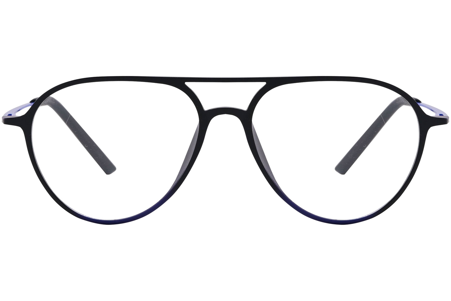 magneto aviator blue eyeglasses frame viewed from front angle.