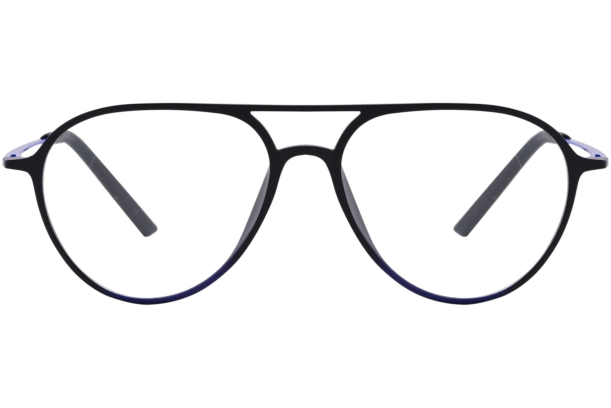 magneto aviator blue eyeglasses frame viewed from front angle.