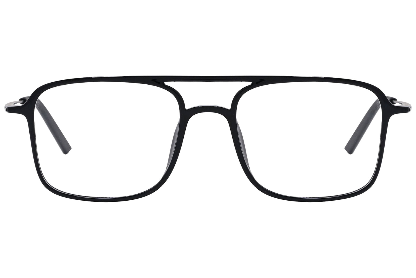 magneto aviator black eyeglasses frame viewed from front angle.