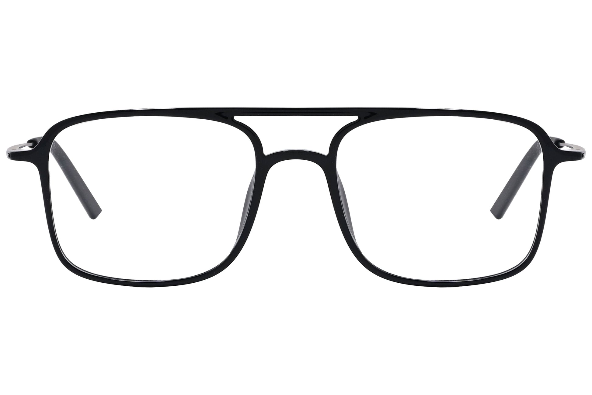 magneto aviator black eyeglasses frame viewed from front angle.