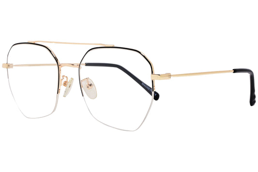 magneto geometric gold eyeglasses frame viewed from a 45-degree angle.