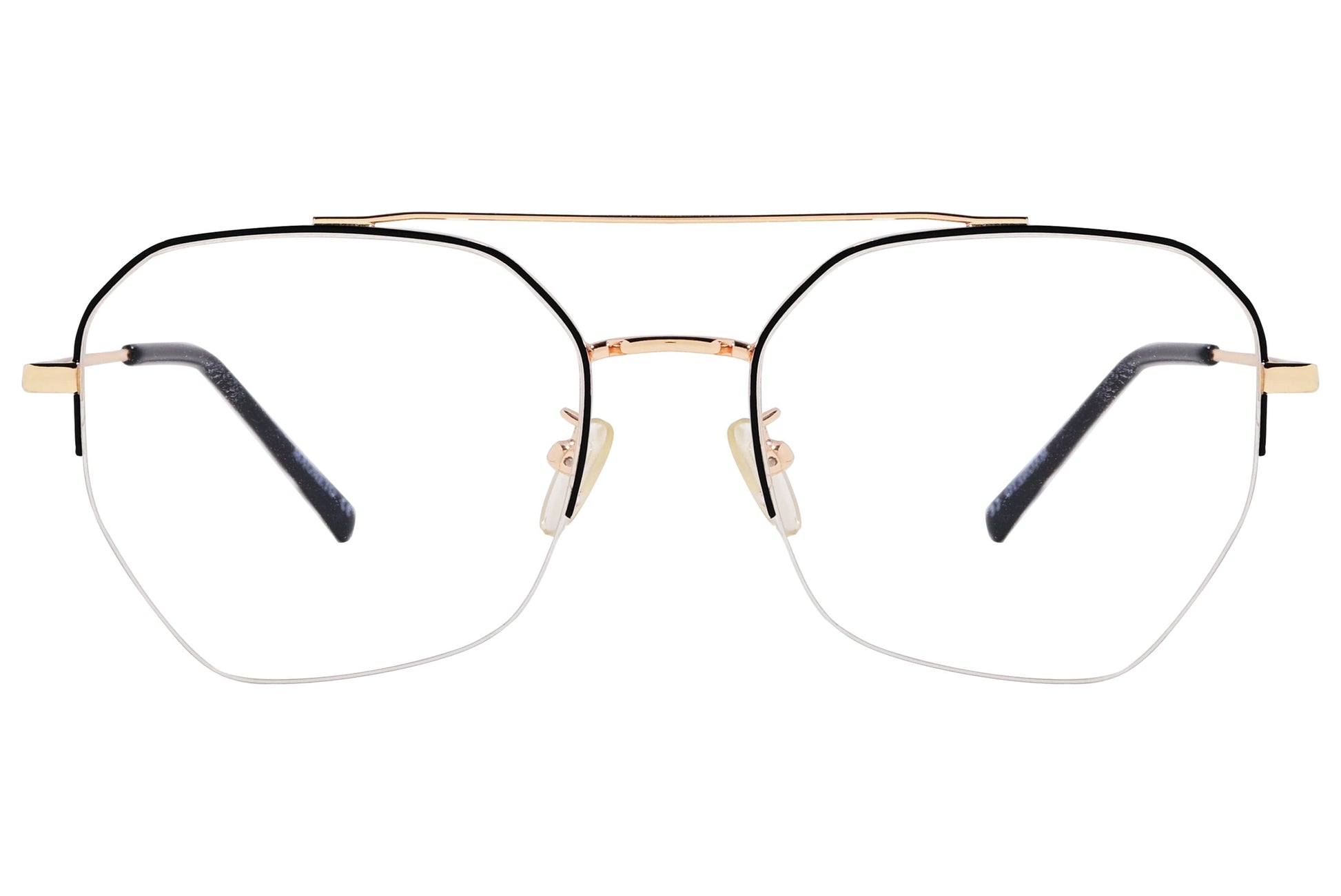 magneto geometric gold eyeglasses frame viewed from front angle.