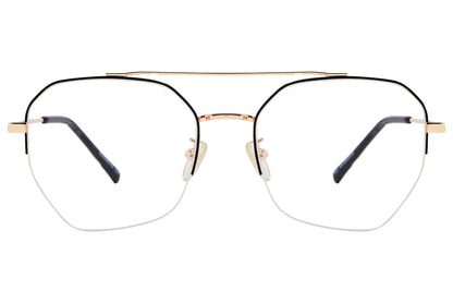 magneto geometric gold eyeglasses frame viewed from front angle.