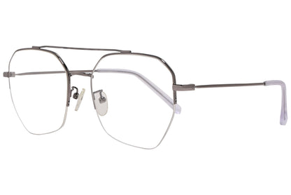 magneto geometric metal eyeglasses frame viewed from a 45-degree angle.