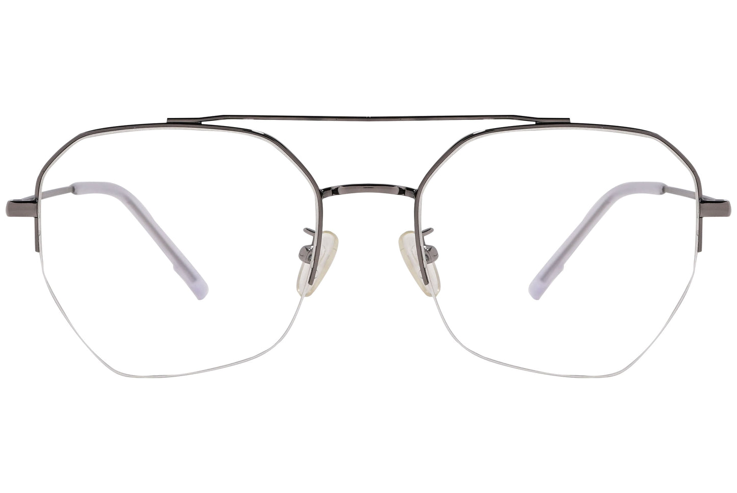 magneto geometric metal eyeglasses frame viewed from front angle.