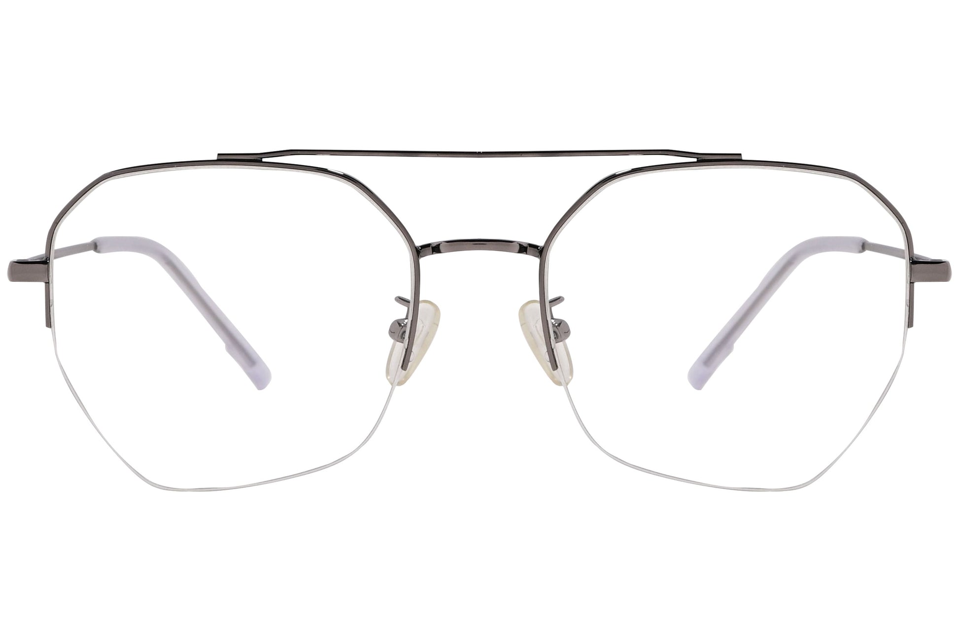 magneto geometric metal eyeglasses frame viewed from front angle.