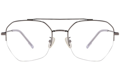 magneto geometric metal eyeglasses frame viewed from front angle.