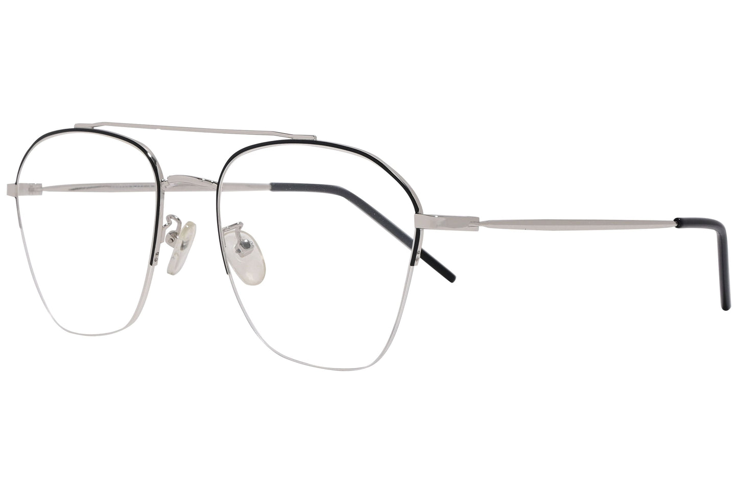 magneto geometric silver eyeglasses frame viewed from a 45-degree angle.