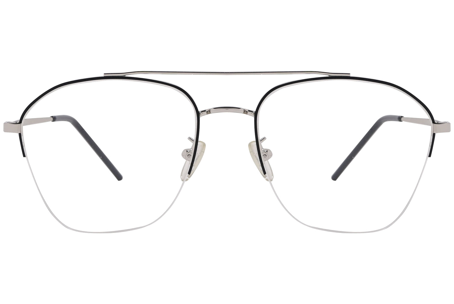 magneto geometric silver eyeglasses frame viewed from front angle.