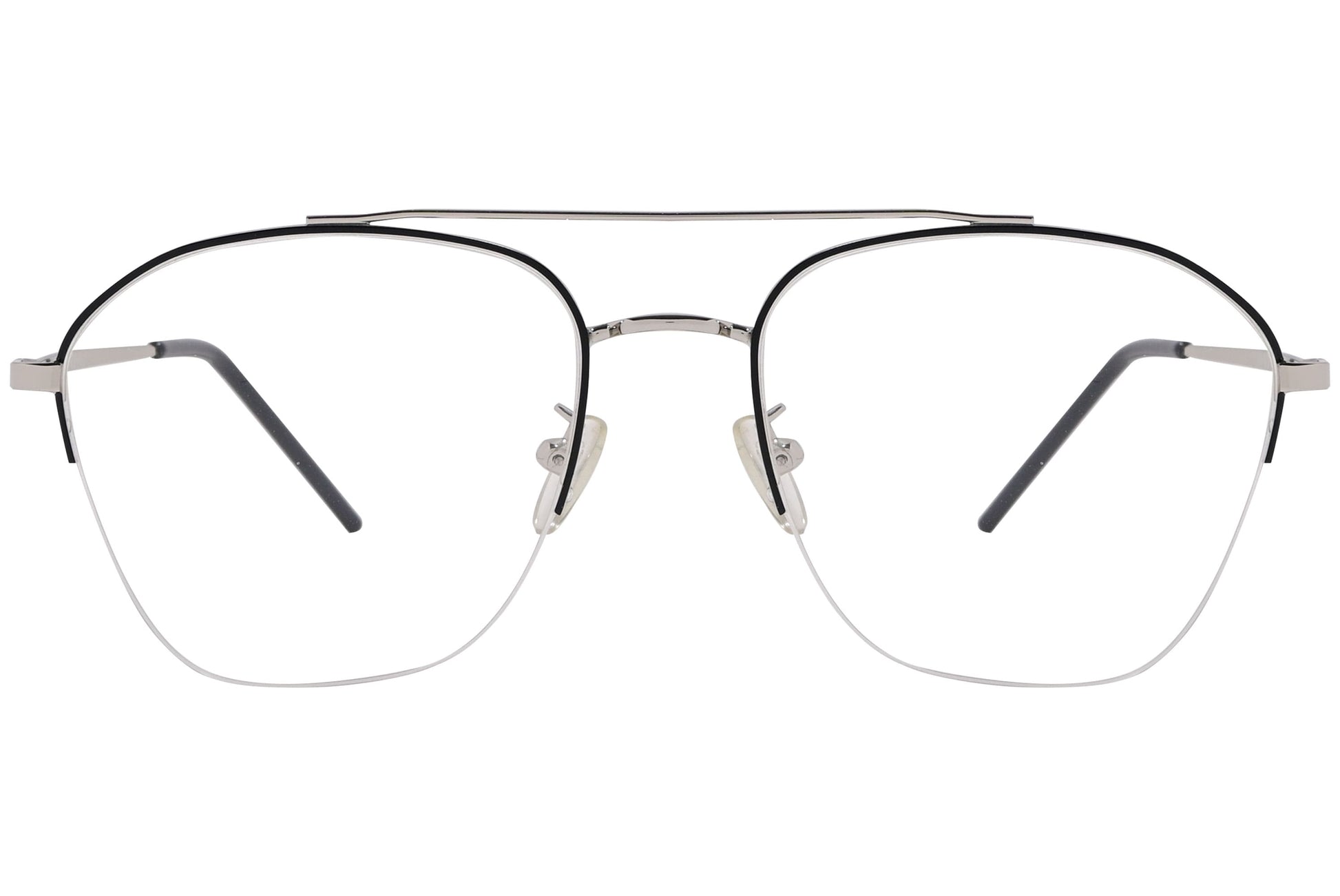 magneto geometric silver eyeglasses frame viewed from front angle.