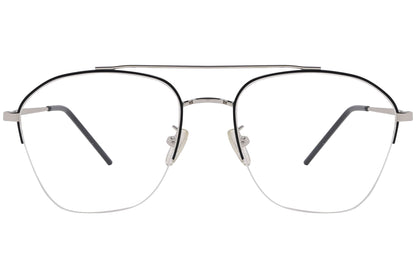 magneto geometric silver eyeglasses frame viewed from front angle.