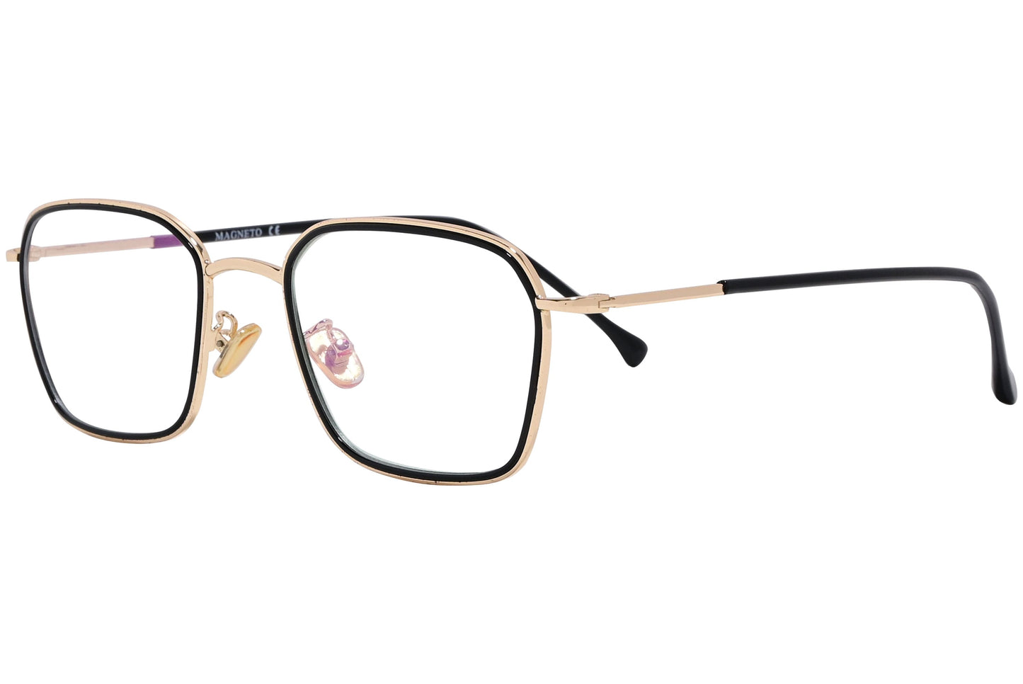 magneto geometric gold eyeglasses frame viewed from a 45-degree angle.