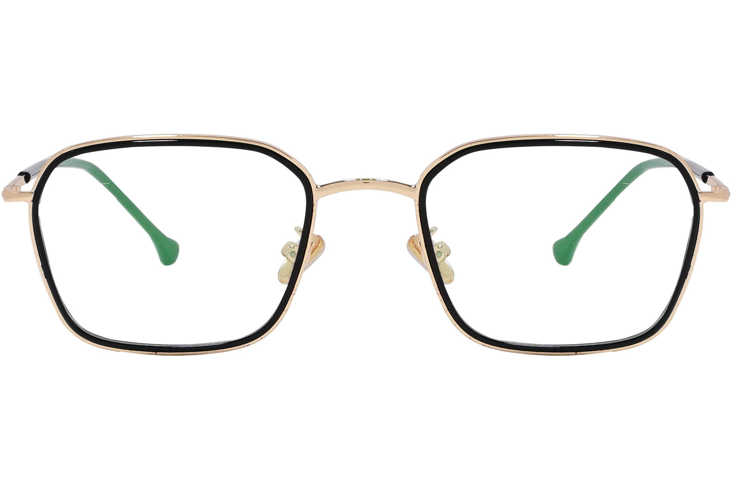 magneto geometric gold eyeglasses frame viewed from front angle.