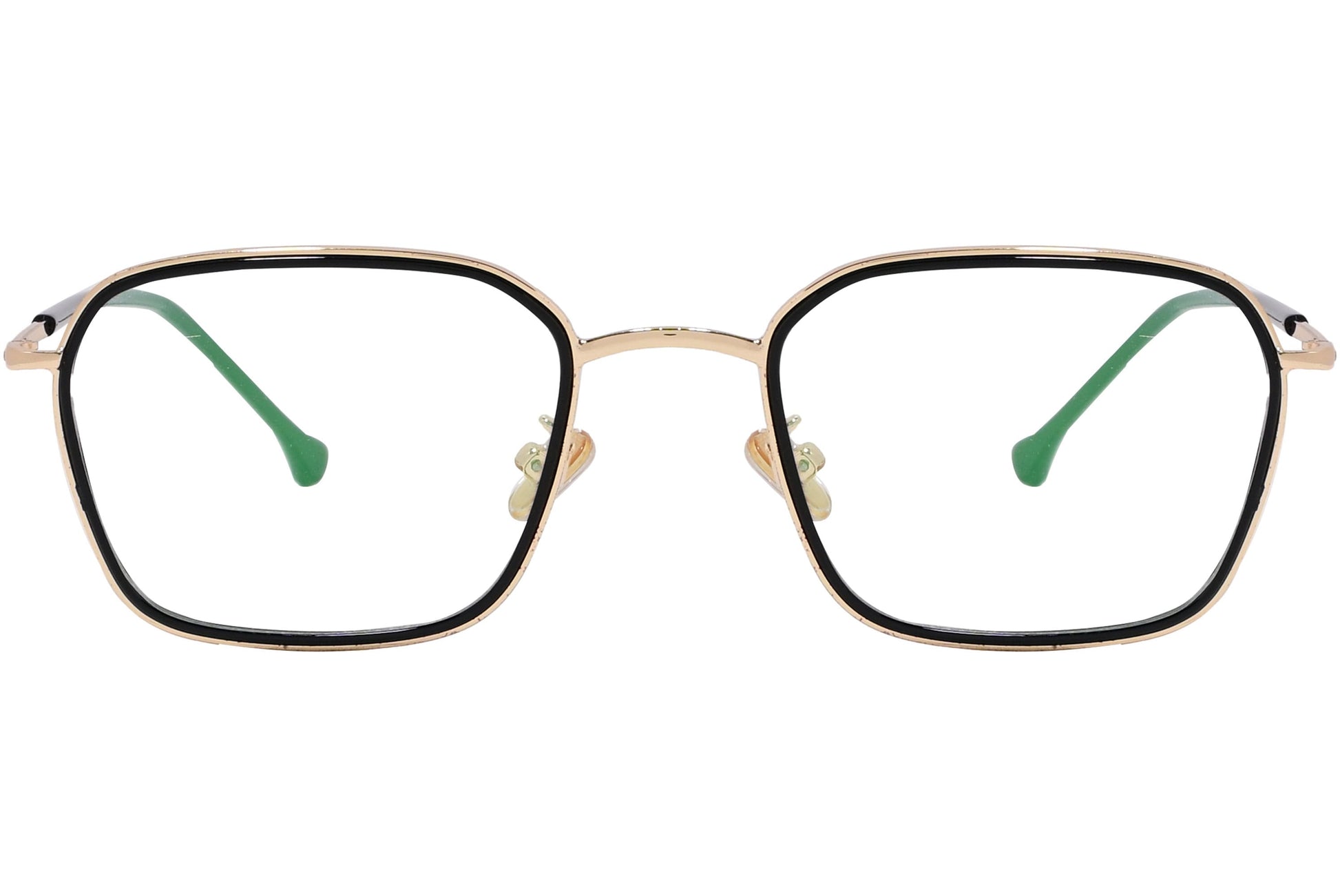 magneto geometric gold eyeglasses frame viewed from front angle.