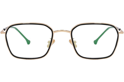 magneto geometric gold eyeglasses frame viewed from front angle.