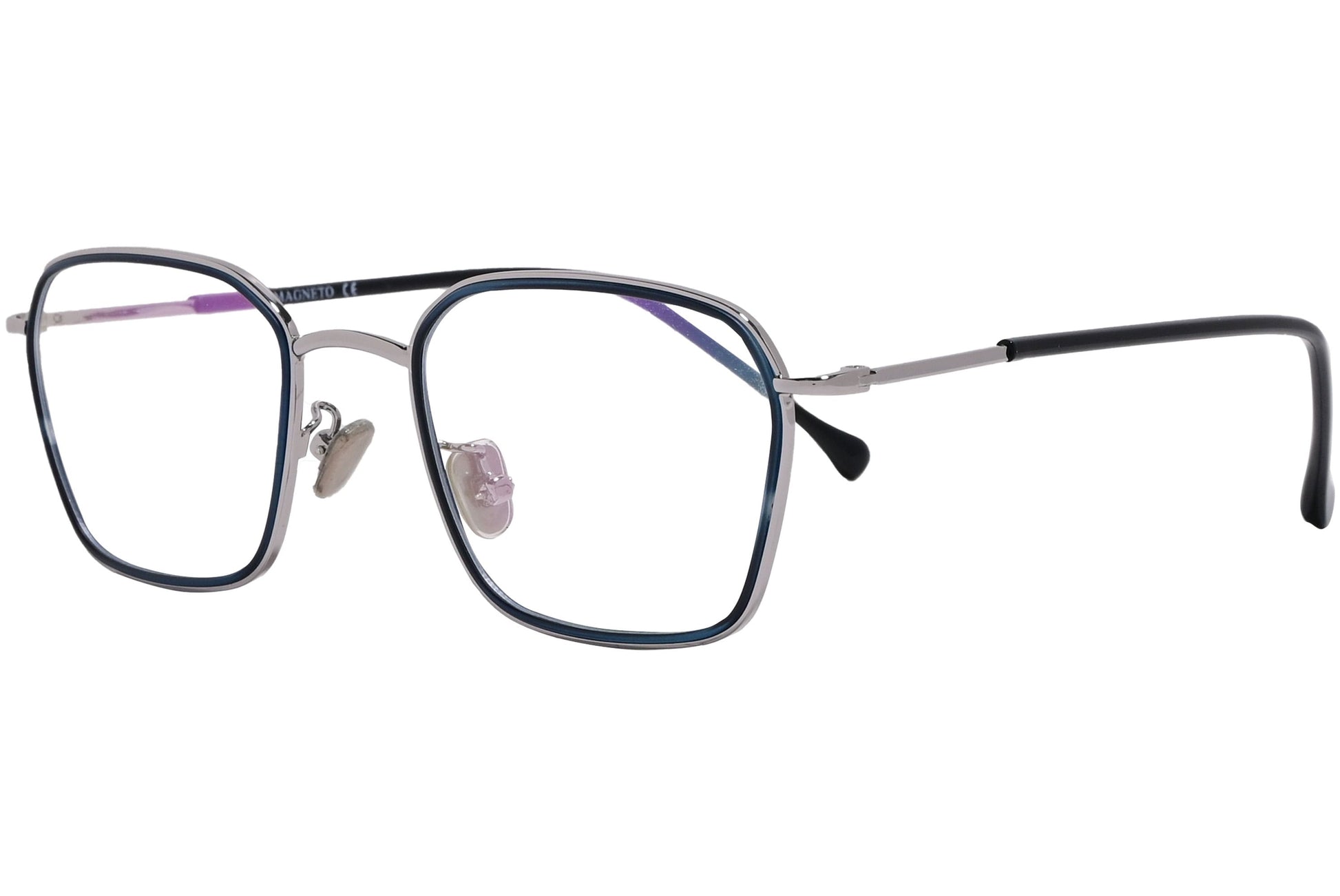 magneto geometric silver eyeglasses frame viewed from a 45-degree angle.