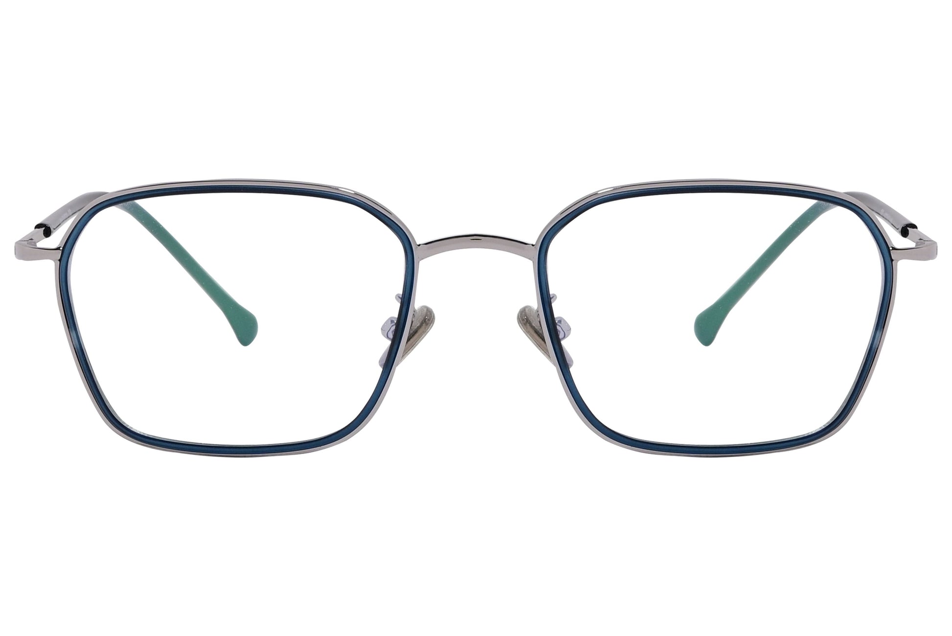 magneto geometric silver eyeglasses frame viewed from front angle.