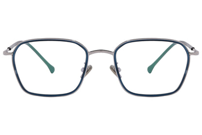 magneto geometric silver eyeglasses frame viewed from front angle.