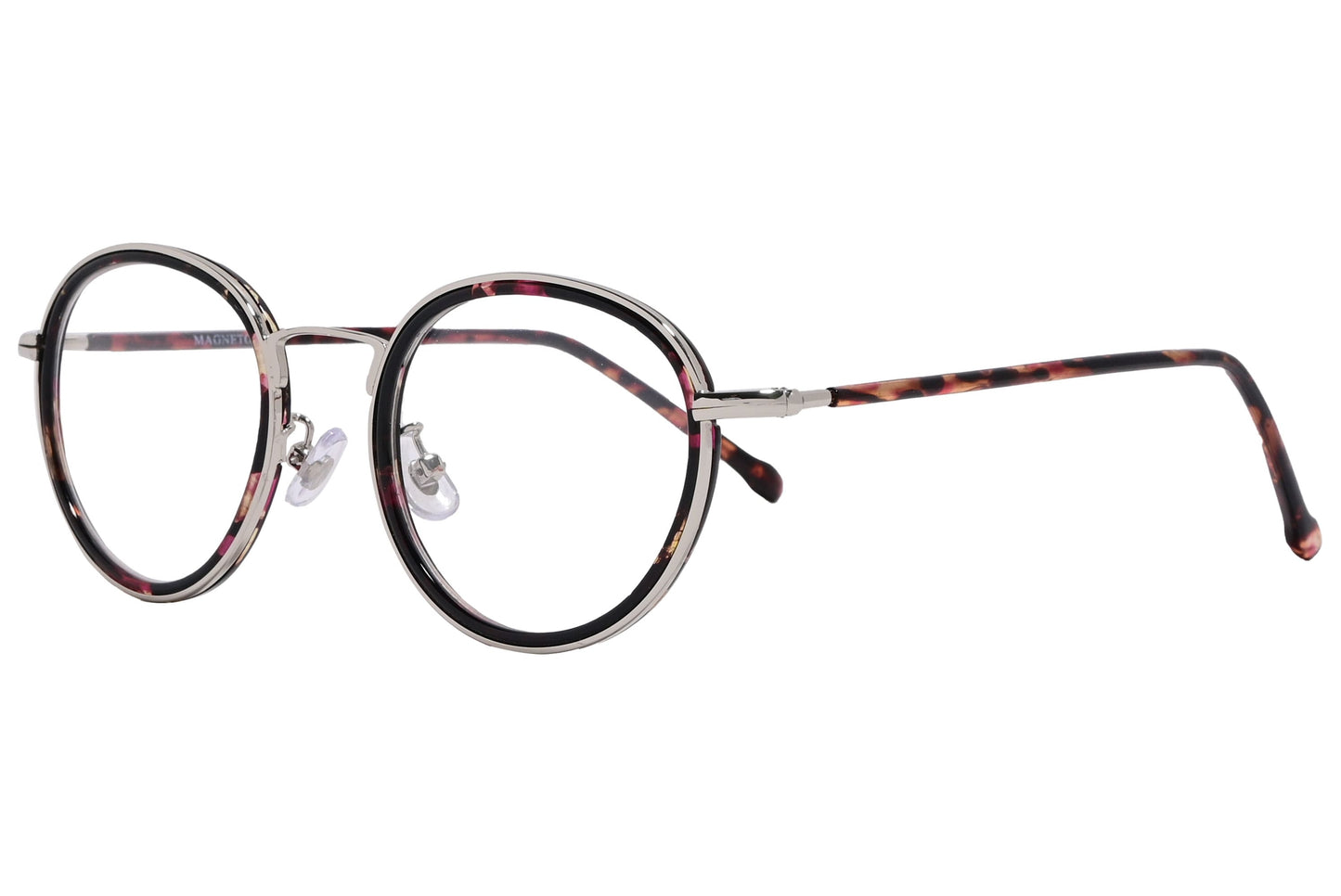 magneto round tortoise eyeglasses frame viewed from a 45-degree angle.