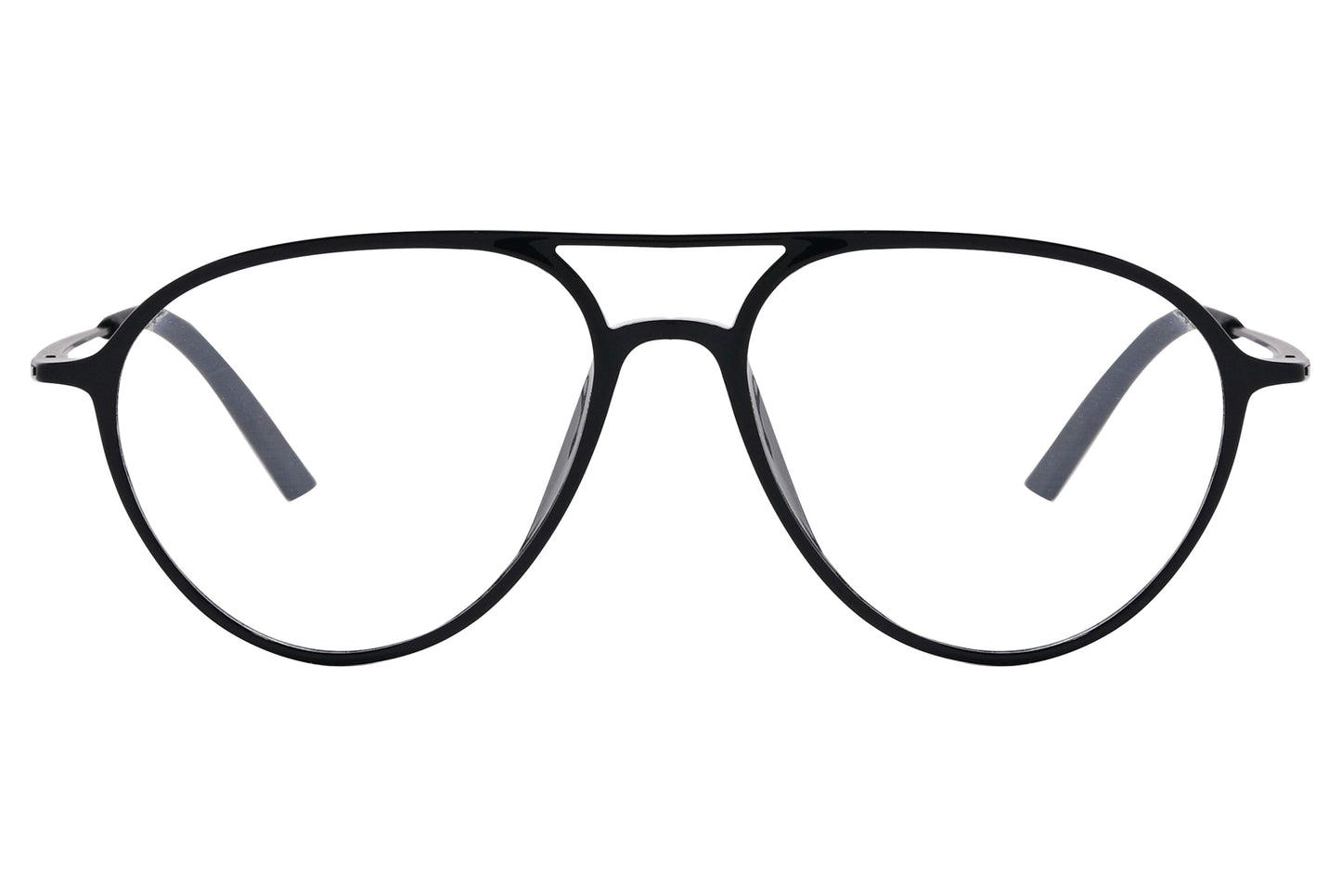 magneto aviator black eyeglasses frame viewed from front angle.