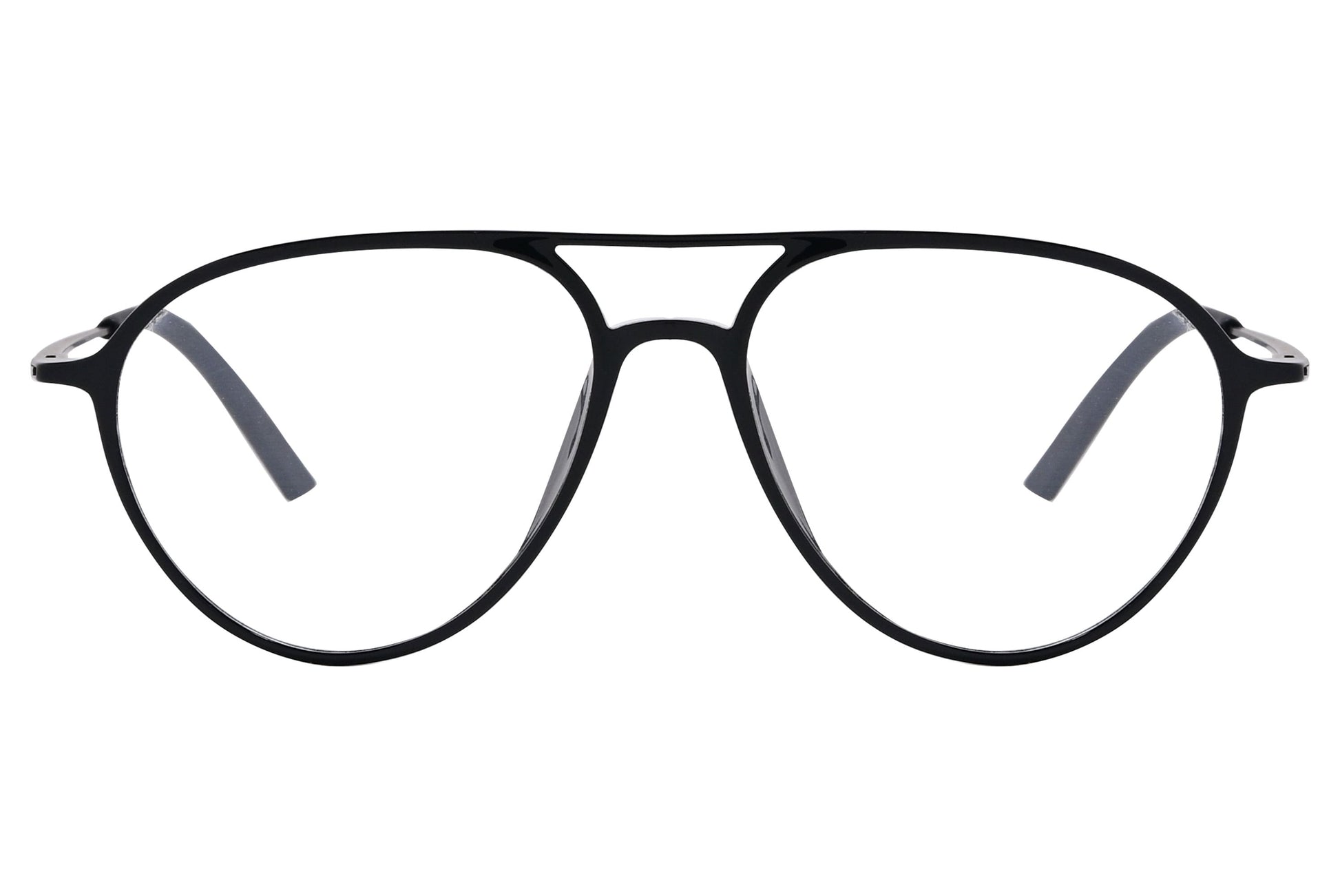 magneto aviator black eyeglasses frame viewed from front angle.