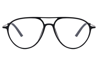 magneto aviator black eyeglasses frame viewed from front angle.