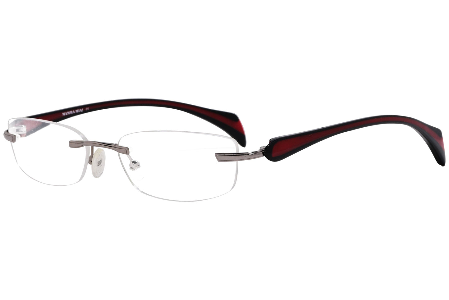 mamma mia rimless red eyeglasses frame viewed from a 45-degree angle.