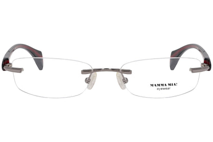 mamma mia rimless red eyeglasses frame viewed from front angle.