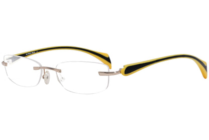 mamma mia rimless yellow eyeglasses frame viewed from a 45-degree angle.