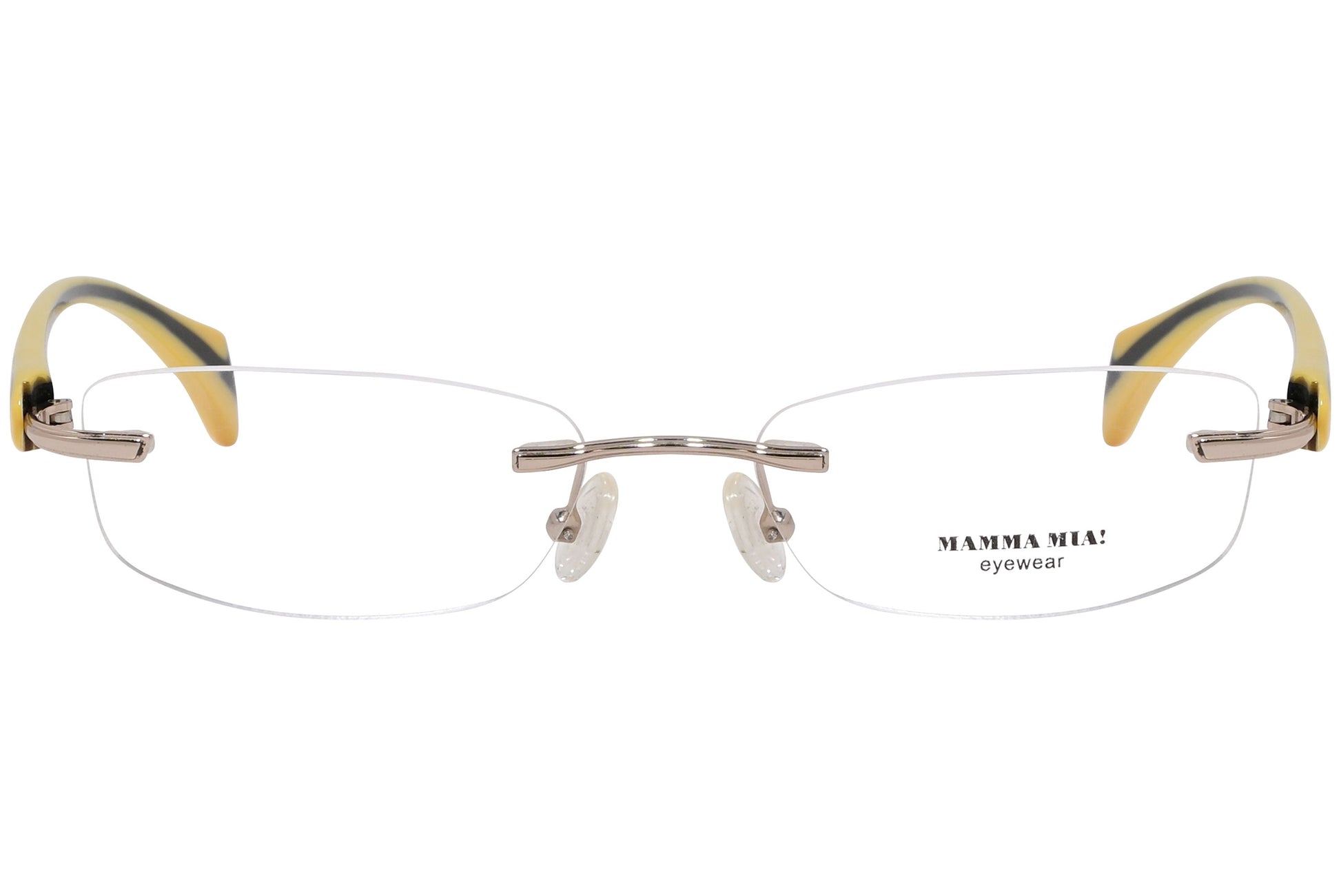 mamma mia rimless yellow eyeglasses frame viewed from front angle.