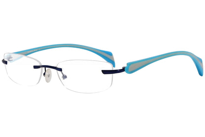 mamma mia rimless blue eyeglasses frame viewed from a 45-degree angle.