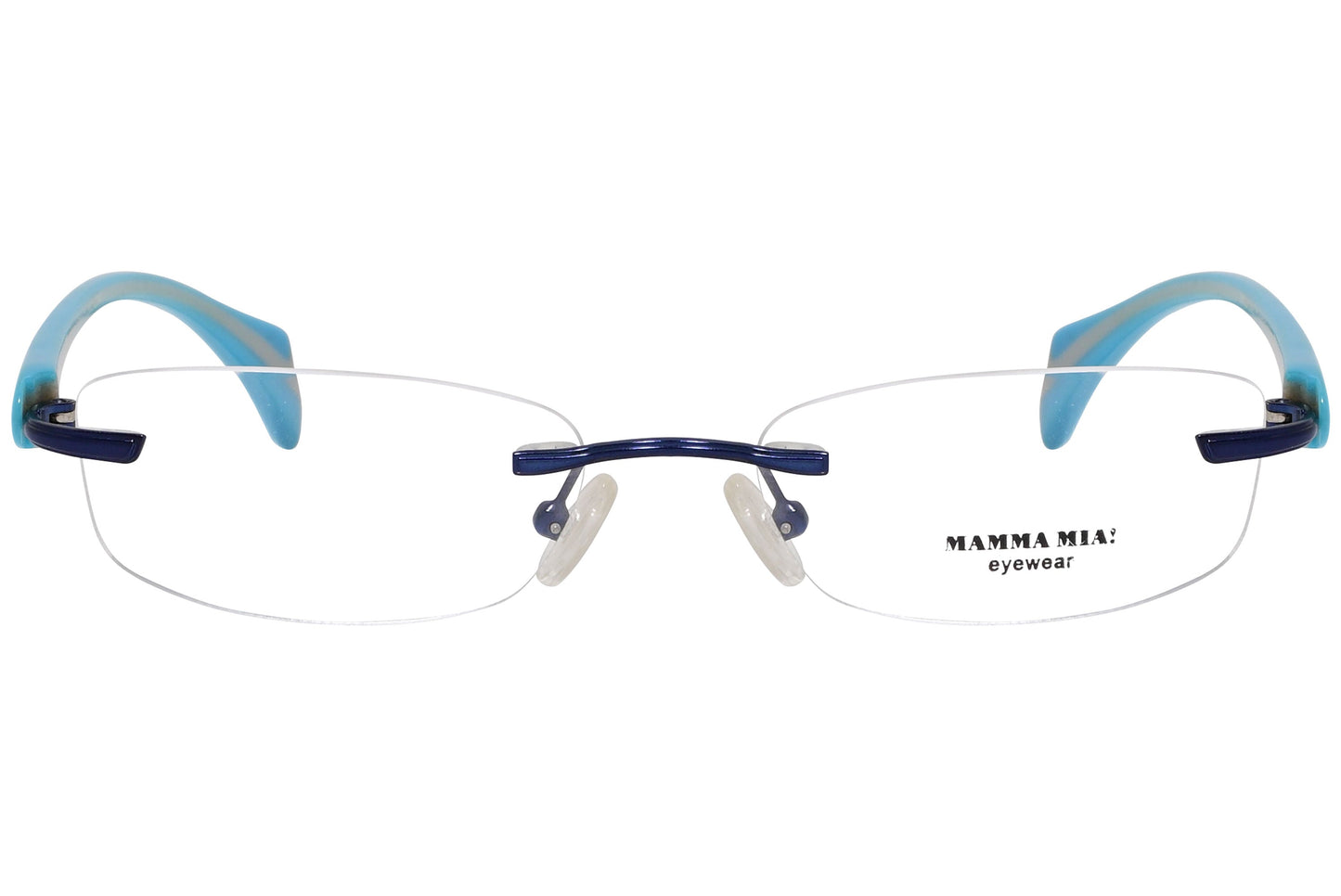 mamma mia rimless blue eyeglasses frame viewed from front angle.