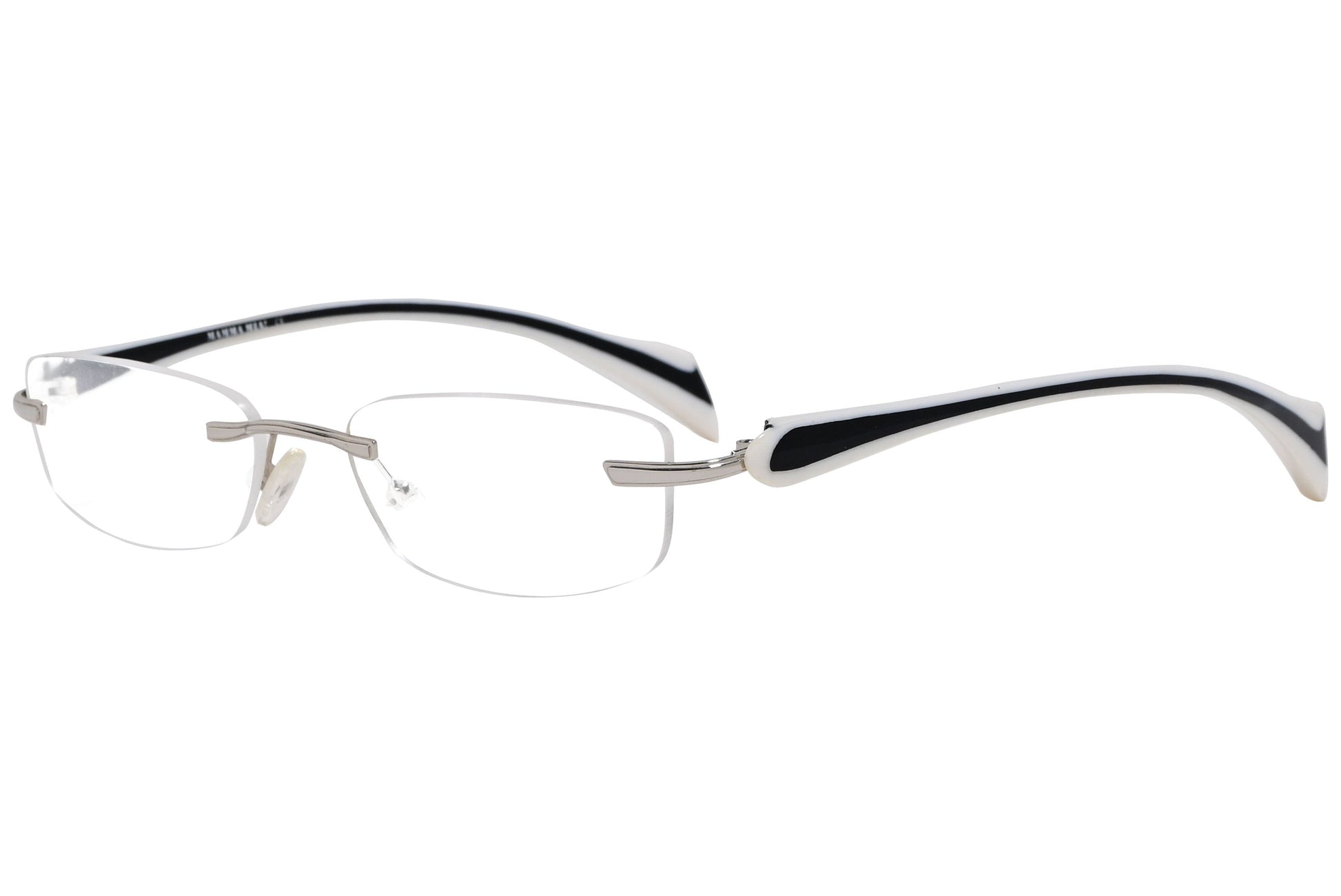 mamma mia rimless white eyeglasses frame viewed from a 45-degree angle.