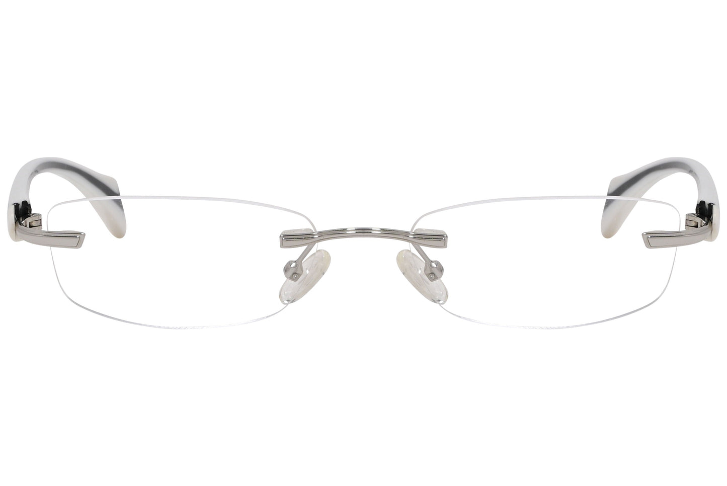 mamma mia rimless white eyeglasses frame viewed from front angle.