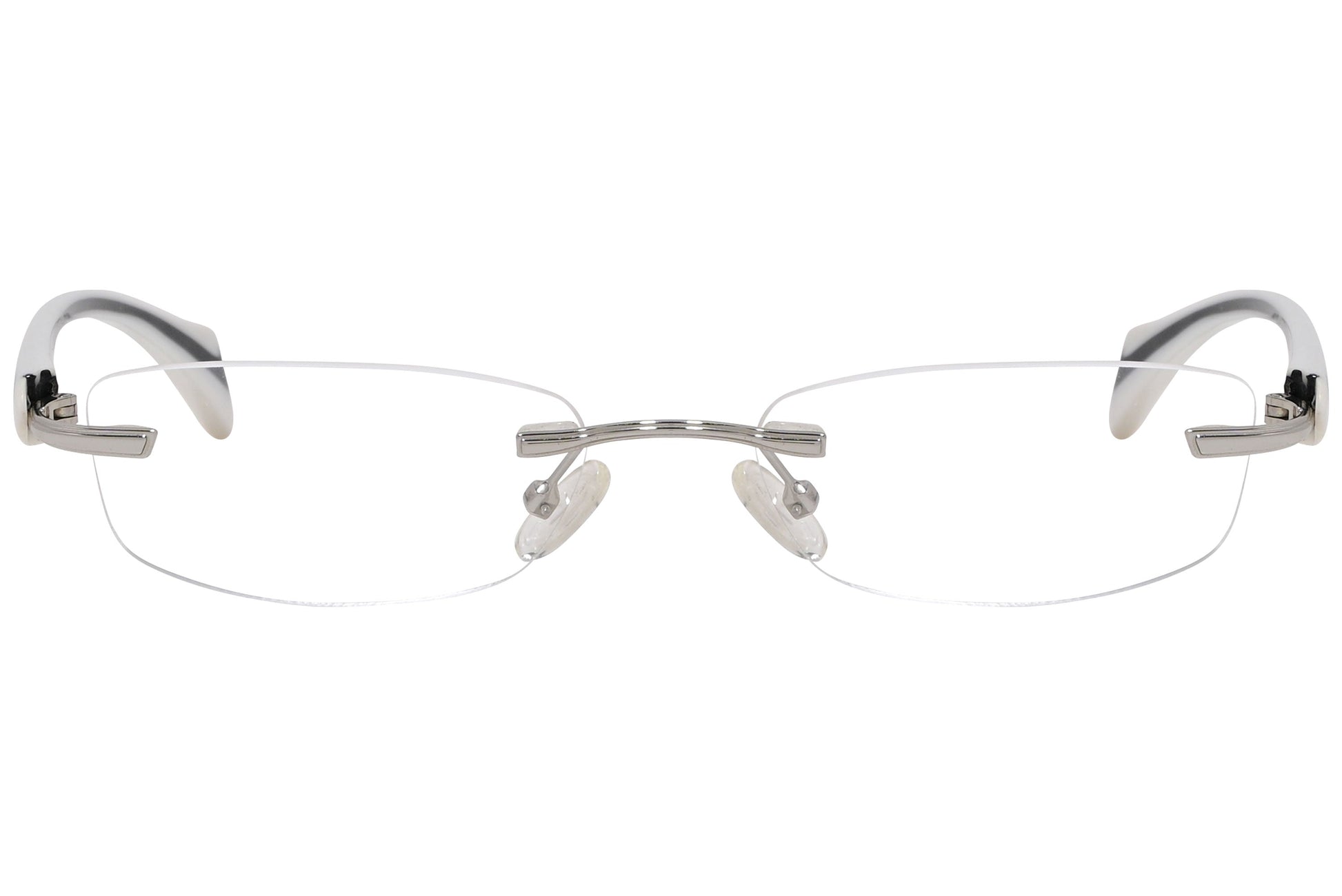 mamma mia rimless white eyeglasses frame viewed from front angle.