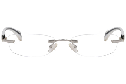 mamma mia rimless white eyeglasses frame viewed from front angle.