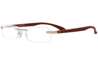 mamma mia rimless brown eyeglasses frame viewed from a 45-degree angle.