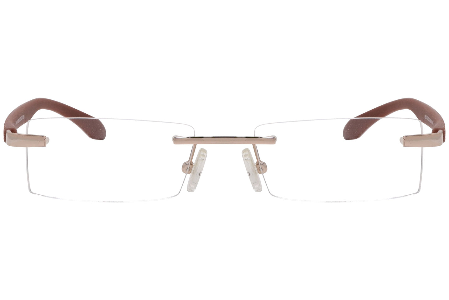 mamma mia rimless brown eyeglasses frame viewed from front angle.