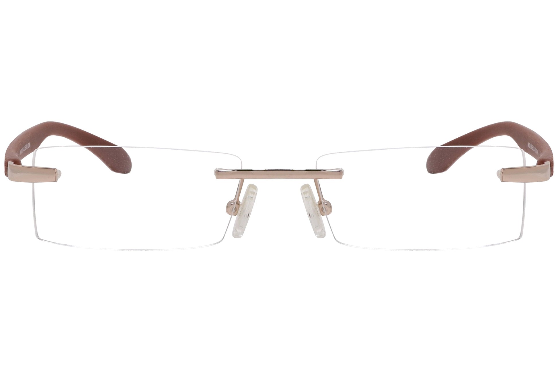 mamma mia rimless brown eyeglasses frame viewed from front angle.